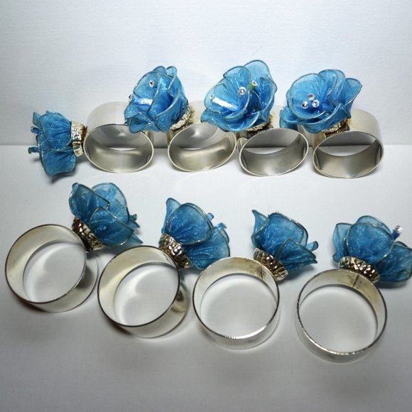 Set Of 8 Silver Tone Napkin Rings With Blue Flowers Dining Accessories - Picture 2 of 6